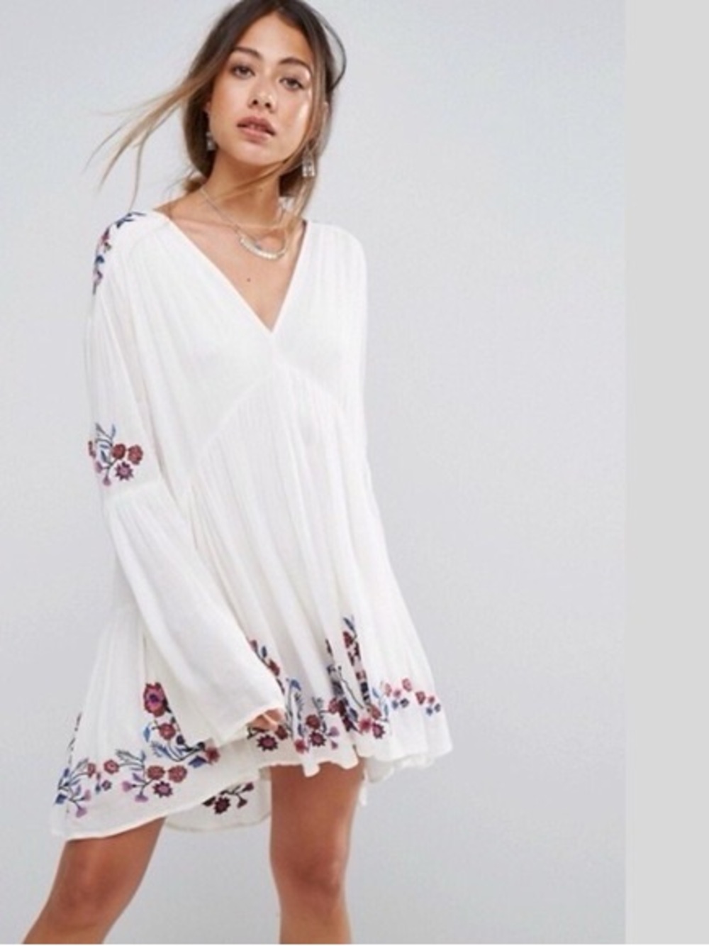 Free People White Mini Dress with Floral Embroidery